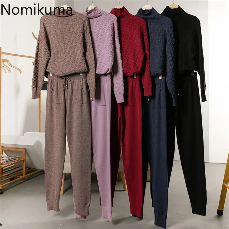 Nomikuma Women Sweater Pants Two Pieces Outfits Half Turtleneck Twisted Knitted Pullover + Lace Up Waist Harem Sweatpants 6C360 210427