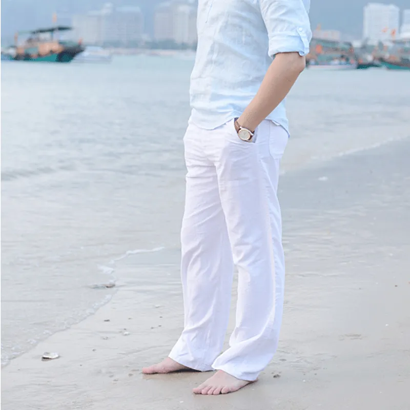 Stilleri Erkek Gevşek Düz Uzun Pantolon Bahar Yaz Moda Pamuk Keten Eğlence Plaj Tarzı Elastik Bel Pantolon Artı Boyutu M
