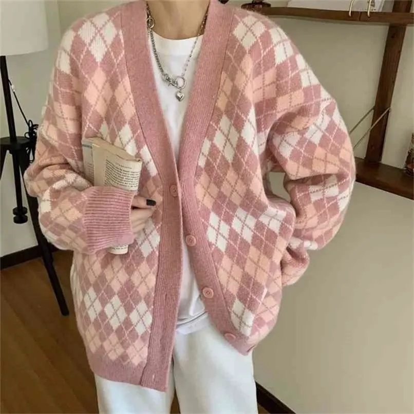 Ladies Cardigans Long Sleeve Knitted Argyle Sweater Women Korean Pink Vest Sweaters Female Jumpers Cardigan Jacket with Buttons 210914