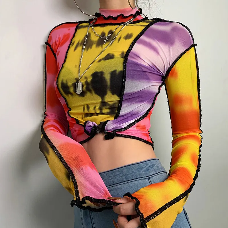 Мода сетки красочные печати рваные топы женские базовые T-Shirtsautumn тонкие стройные улицы случайные футболки Mujer 210518