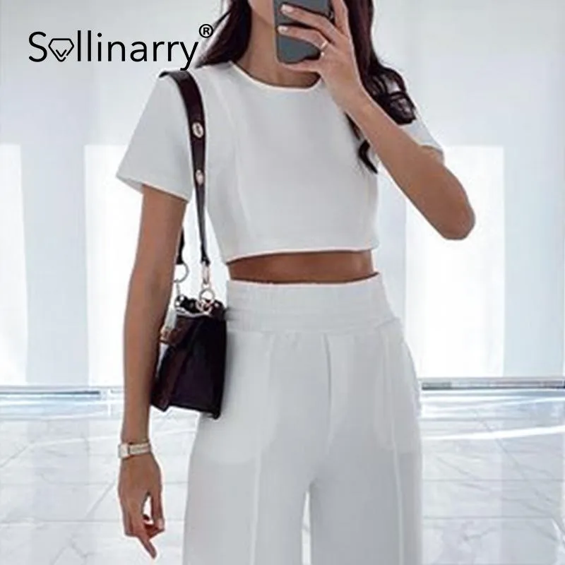 Sollinarry Casual Crop Top Elastic Waistband Folds Long Pants High Street Solid White Two Pieces Women Set Summer Office Suit Women's Piece