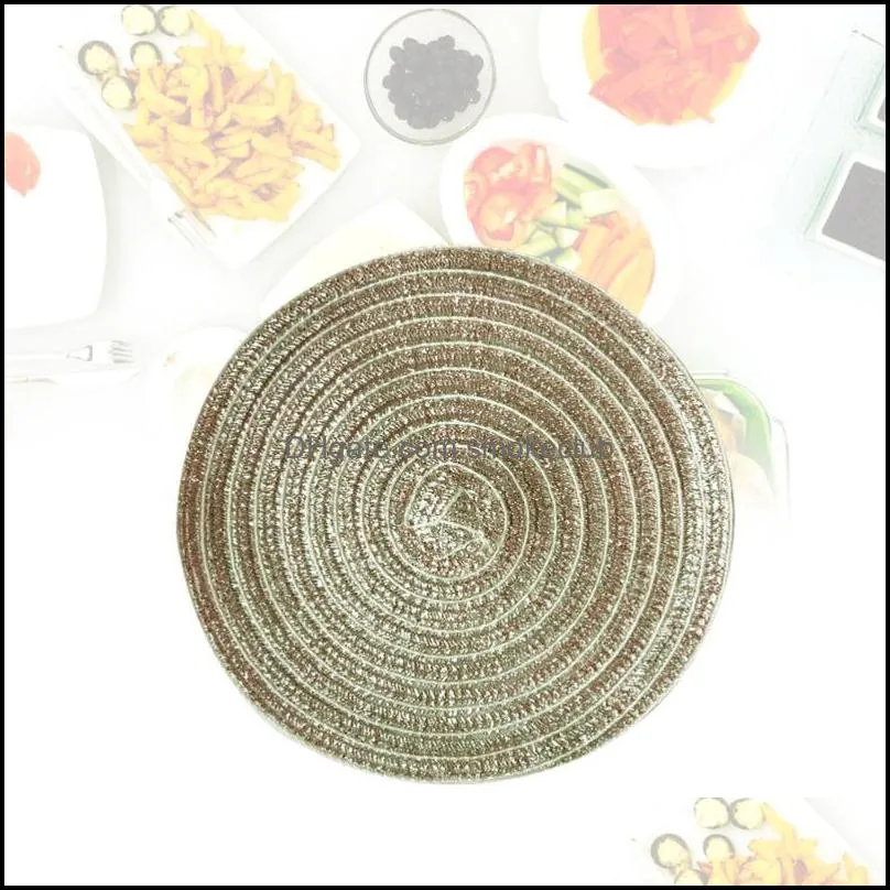 Mats & Pads Round Cotton Linen Woven Placemat Western Food Pad Kitchen Non-slip Heat Resistant Table Mat For Dining (Golden,