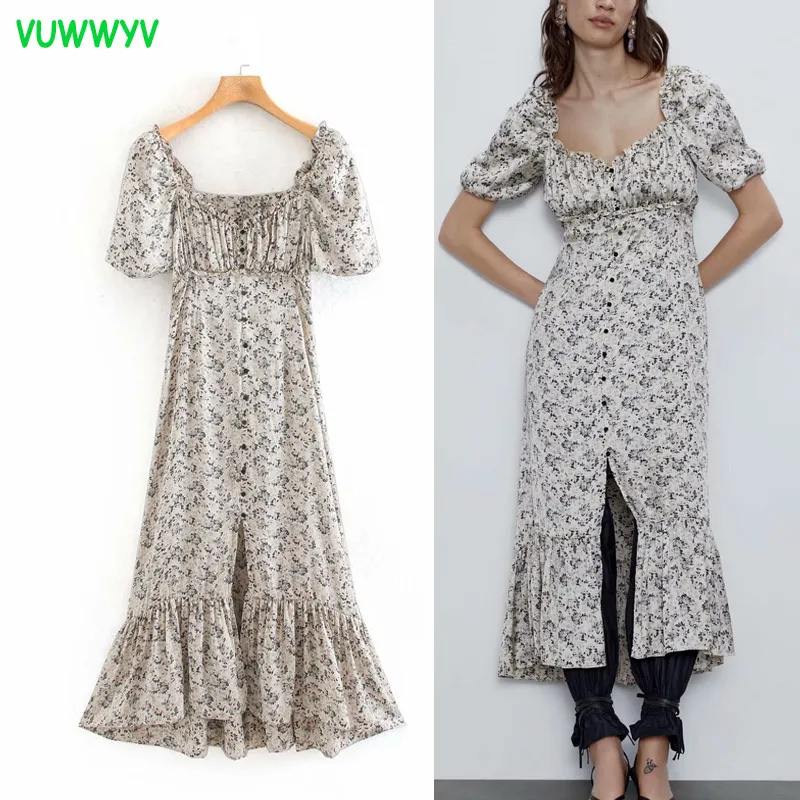 VUWWYV robe blanc imprimé fleuri à volants fête femmes Vintage plissé Midi Vestidos dames à manches courtes avant boutons 210430