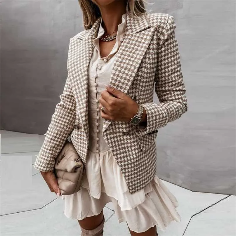 Лучшие женские моды Houndstooth повседневная Blazers зимние зубчатые кнопки карманы прямые MIDI плюс размер клетчатки куртка 211006