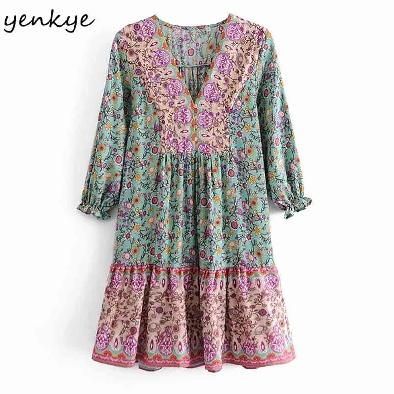 Vintage imprimé floral vacances robe d'été femmes manches trois-quarts col en V plissé décontracté court robe muje 210514