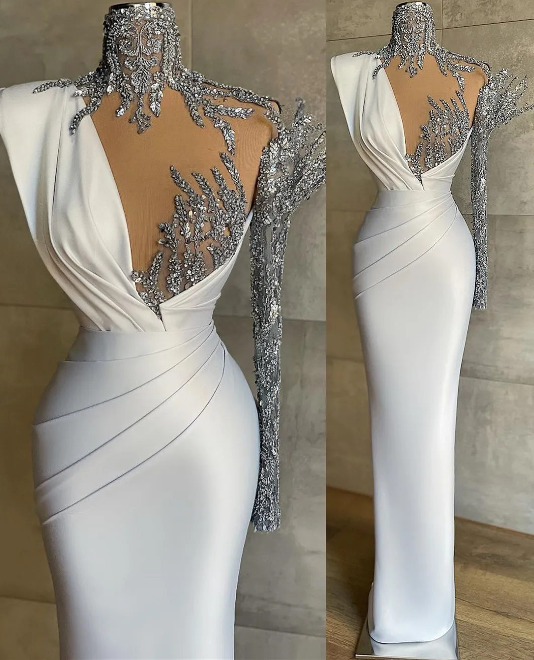 2022 Plus Size Arabski ASO EBI Silver Sexy Koronki Prom Dresses Zroszony Płaszcz Satynowy Wieczór Formalna Party Drugi Recepcja Urodziny Zaręczyny Druhna Suknia Dress ZJ5