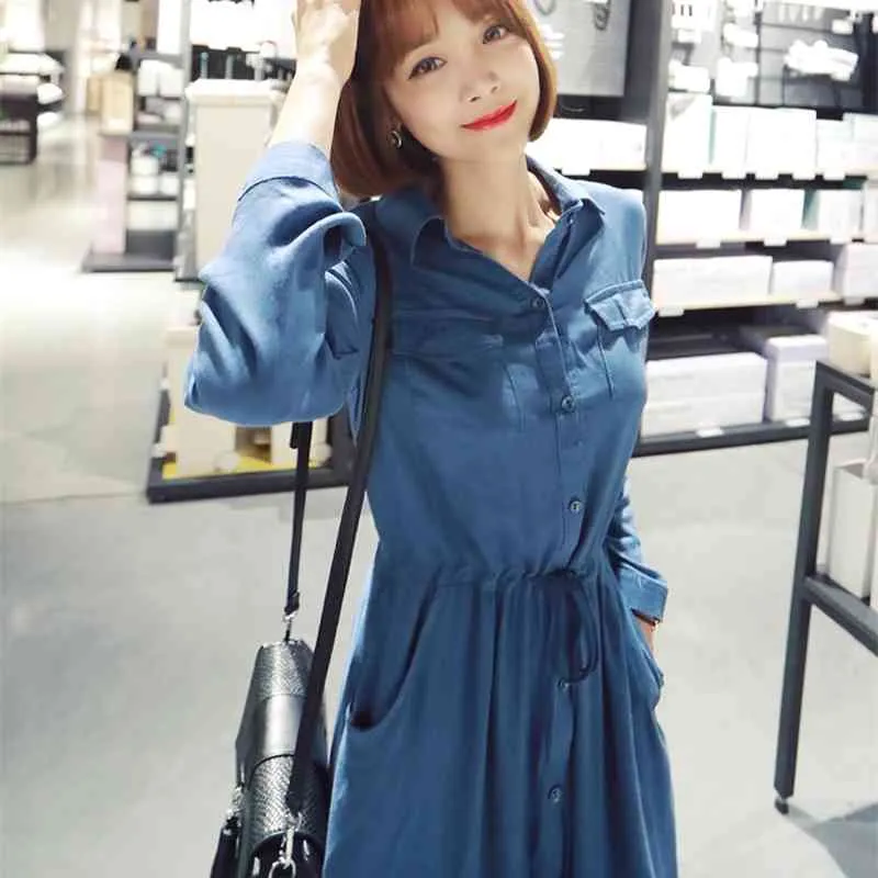 Korean Fashion Single-Breasted Splitting Long Shirt Dress for Women - Casual Pleated vestidos primark 2021 in Black/Blue (210518)