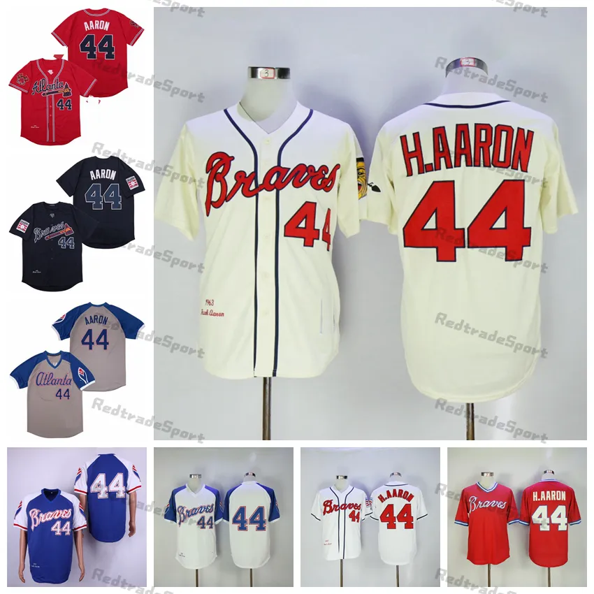 Vintage 1963-1974 koszulki baseballowe Hank Aaron 44 H.Aaron niebieskie koszule szyte biała szara czerwona koszulka męska