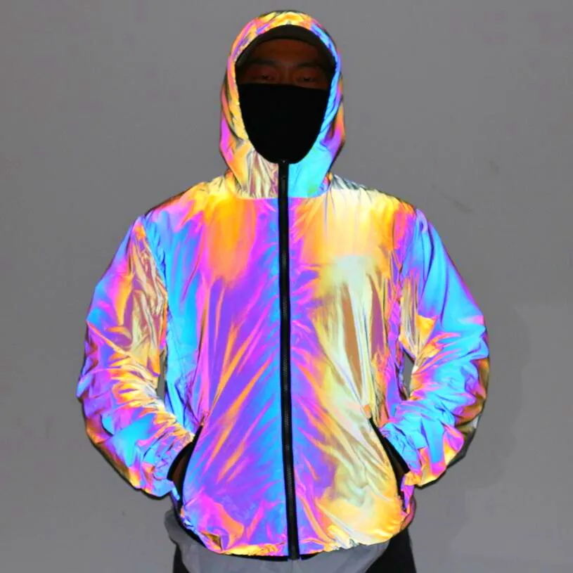 Färgglada reflekterande jackor män hip hop hajuku jacka mens oversized windbreaker casual ungdom hoodies belysning hooded coats 210524