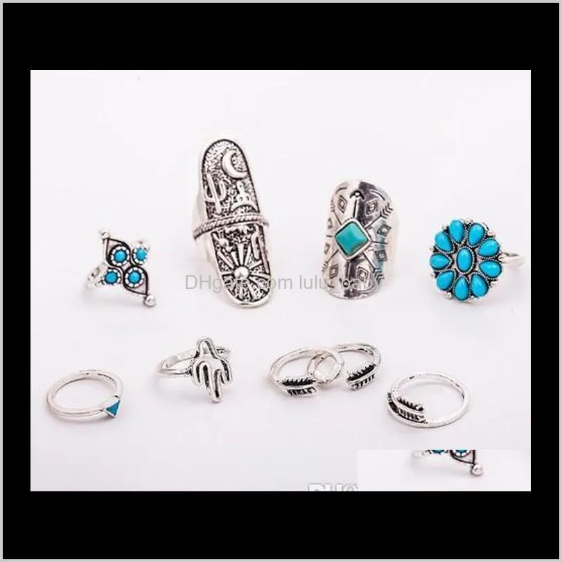 bohemian knuckle ring sets 9 pcs set antique silver alloy turquoise arrow ring sets for girls/ladies