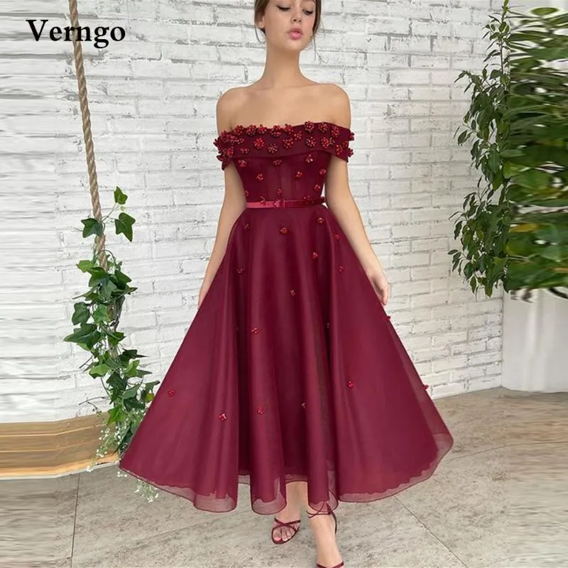 Party Dresses Verngo 2021 A Line Dark Burgundy Crystal Prom Off The Shoulder Sleeves Velour Sash Ankle Length Evening Gowns