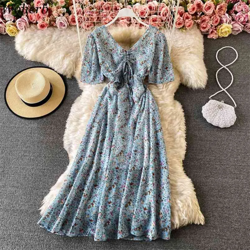 Floral Print Chiffon Beach Floral Print dress - Short Sleeve, Pleated, Korean Style for Women - Summer Vestidos de Mujer Robe (210519)