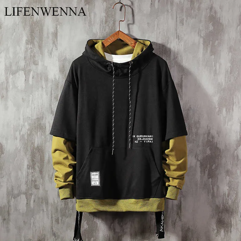 Lifenwenna Hoodie Sweatshirt Mens 힙합 Pullover Hoodies Streetwear 캐주얼 패션 의류 컬러 블록 까마귀 면화 탑 210528