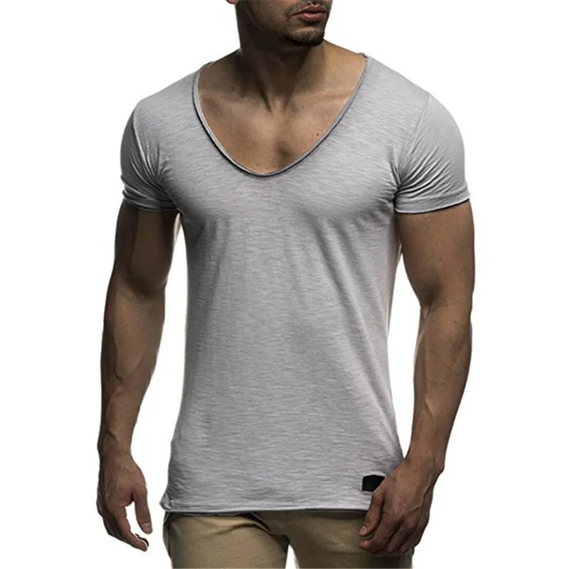 Toptan Fiyat Derin V Boyun Kısa Kollu Erkekler T Gömlek Moda Erkek Tee Gömlek Hip Hop Casual Katı Renk T Shirt Erkekler için1
