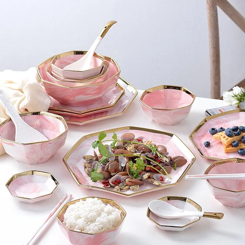 Platos Platos Plato con incrustaciones de oro Vajilla de estilo nórdico Plato de postre de ensalada de bistec de cerámica rosa Juego de vajilla de cena