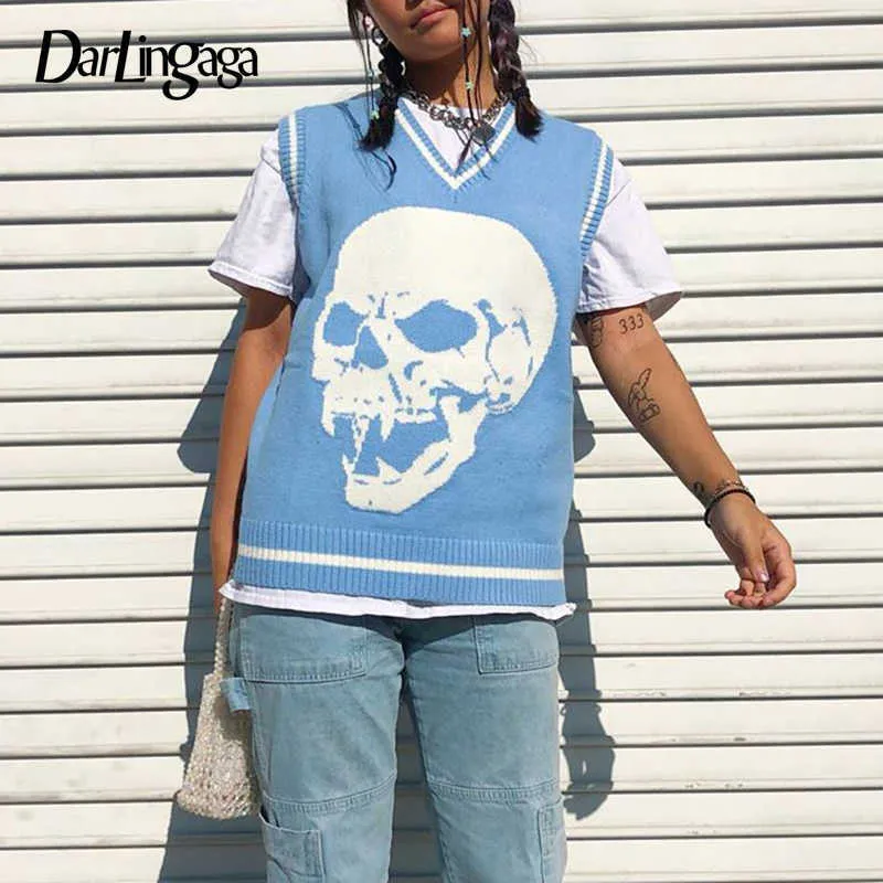 Darlingaga V Neck Skulls Print Höst Sweater Vest Fashion Loose Pullover Y2K Top Jumpers Harajuku Knitwear Woman Sweaters 2020 x0721