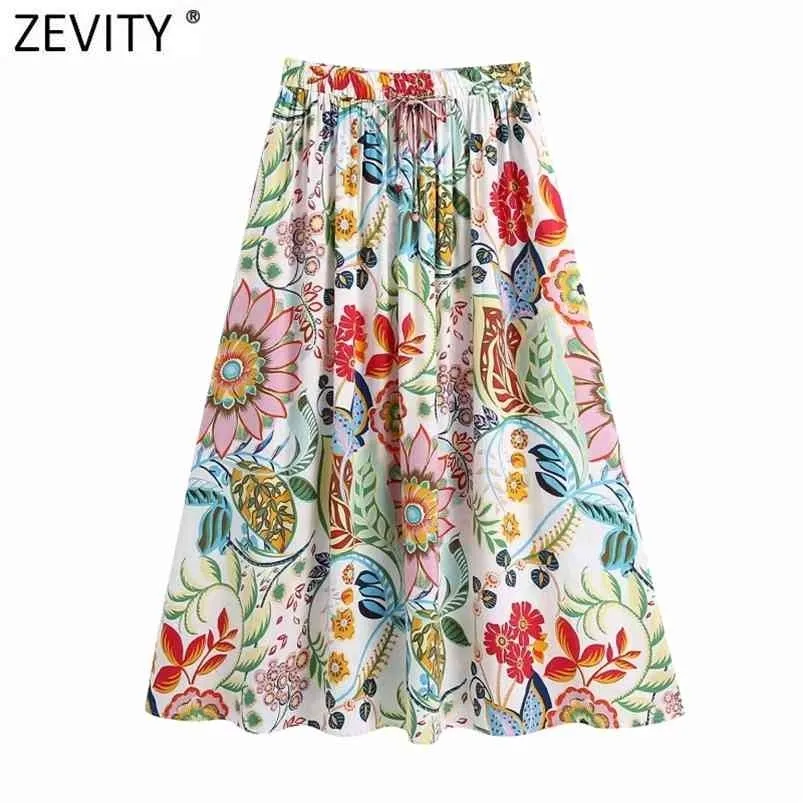 Zevity Womenヴィンテージトーテム花柄プリートカジュアルAラインスカートファルダムージャー女性弾性ウエストレースアップシックヴェスティドQUN796 210730