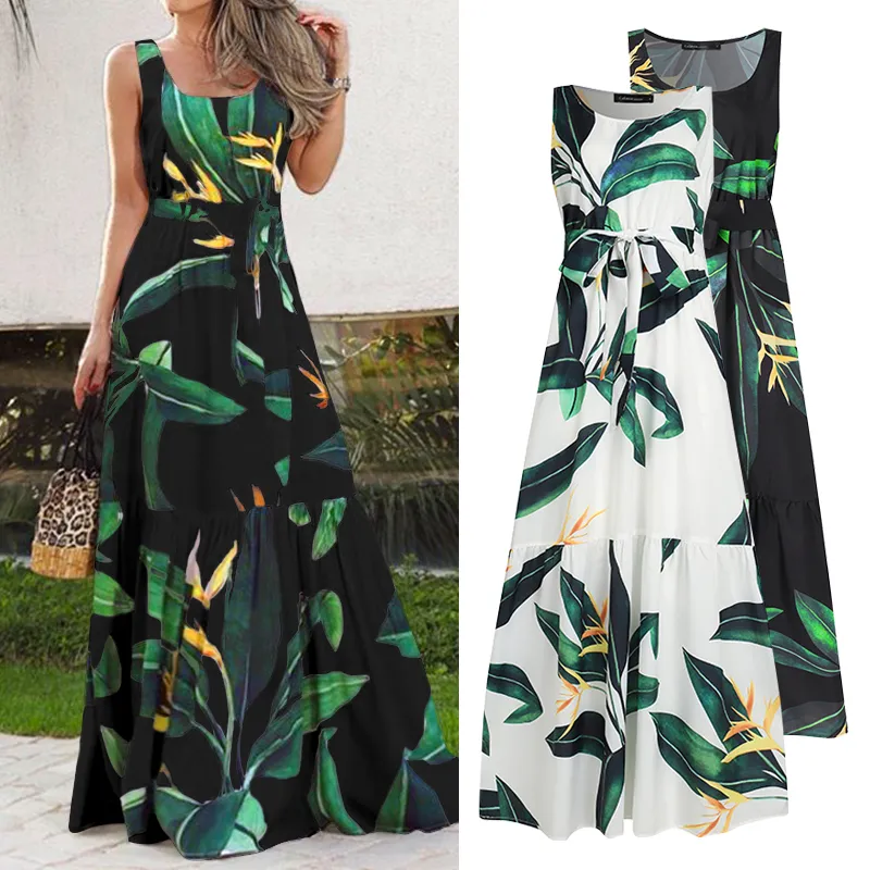 Bohemian Dress Women Summer Sundress Sleeveless Vintage Floral Print Casual Loose Ruffles Party Robe Belted Vestidos 5XL