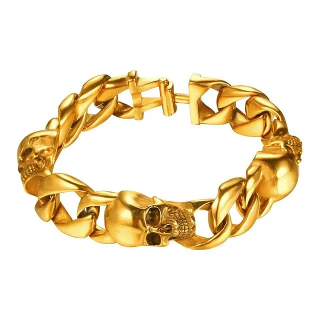 Skalle Armband Tennis Cuban Link Skelett Rocker Punk Bangle Rostfritt Stål Guldfärg Halloween Armband Gift Män Smycken