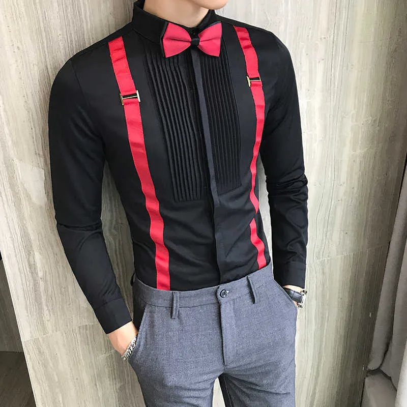 Erkek Smokin Gömlek ve Papyon Göğüs Pileli Kayış Uzun Kollu Slim Fit Balo Elbise Bluz Siyah Kırmızı Beyaz Düğün Sosyal Tops 210629