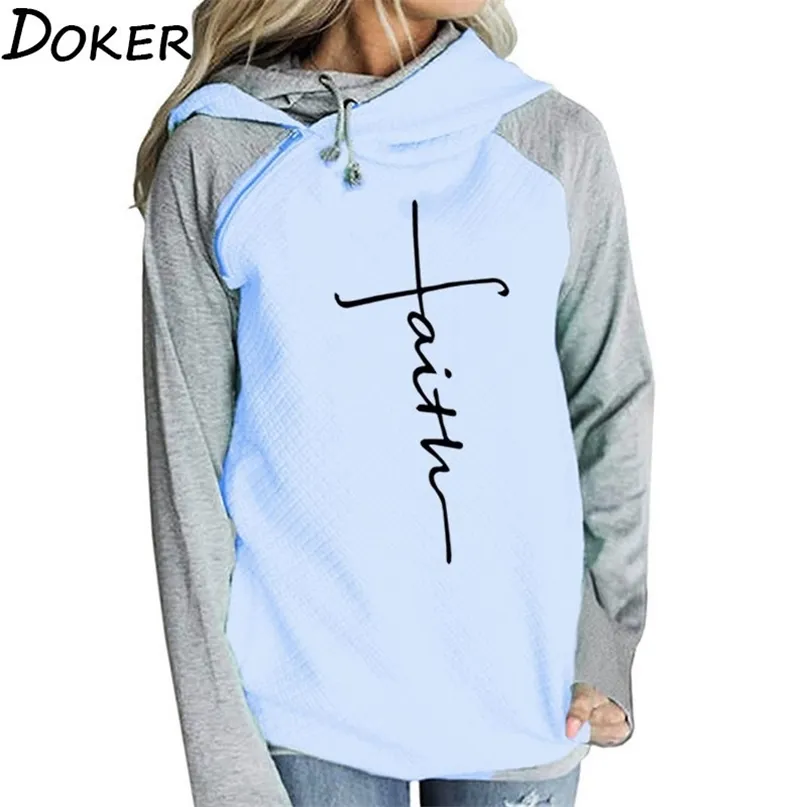 Jesień Zima Patchwork Bluzy Bluzy Kobiety Wiara Krzyż Haftowany Z Długim Rękawem Kobiet Ciepły Pullover Topy 210603