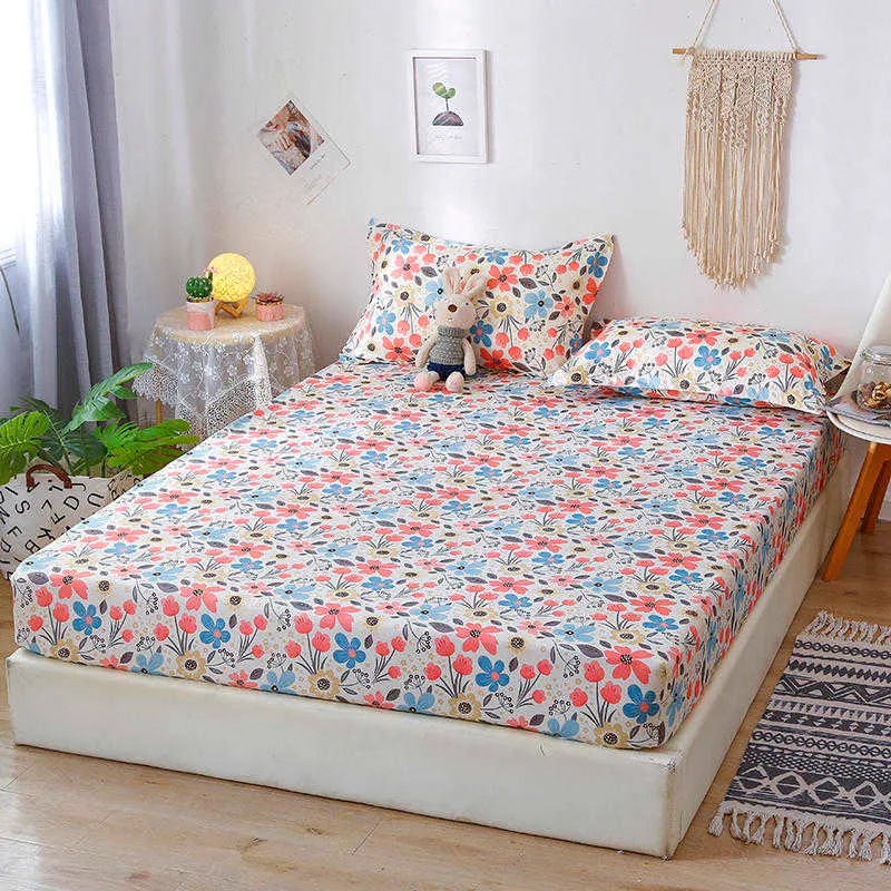 3 Stück Bett Spannbettlaken Einzelgröße Blumenmuster Matratzenschoner mit Kissenbezug Bettdecke für Erwachsene Draps de Lit Bettwäsche 210626