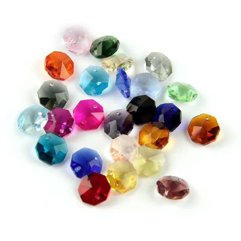2021 14mm 1000pcs/2000pcs Crystal Glass Octagon Beads Blandade färger i 1 hål/2 hål för DIY -ljuskronor Prismdelar