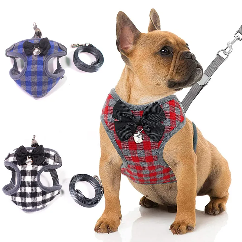 Small Dog Harness Leashes Set Soft Mesh Nylon Vest Bows Plaid Pattern Buttons for Smalls Dogs Cats WH0393