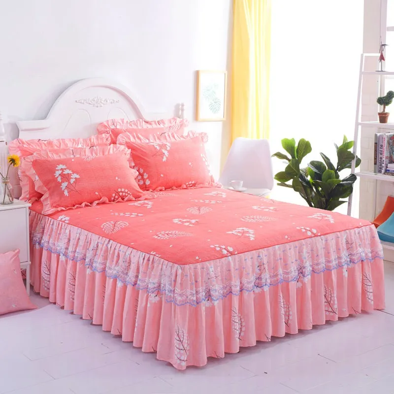 Bawełniane łóżko Spódnica Pirujący Bedcover Princess Ruffle Montowane Arkusz Kwiatowy Bedspread Home Pościel Decor + 2 sztuk Poduszki