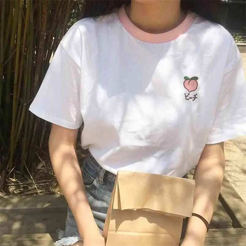 T-shirt da donna a maniche corte larghe in cotone fresco dolce semplice regolare frutta estiva ricamata College Wind Patchwork 210623