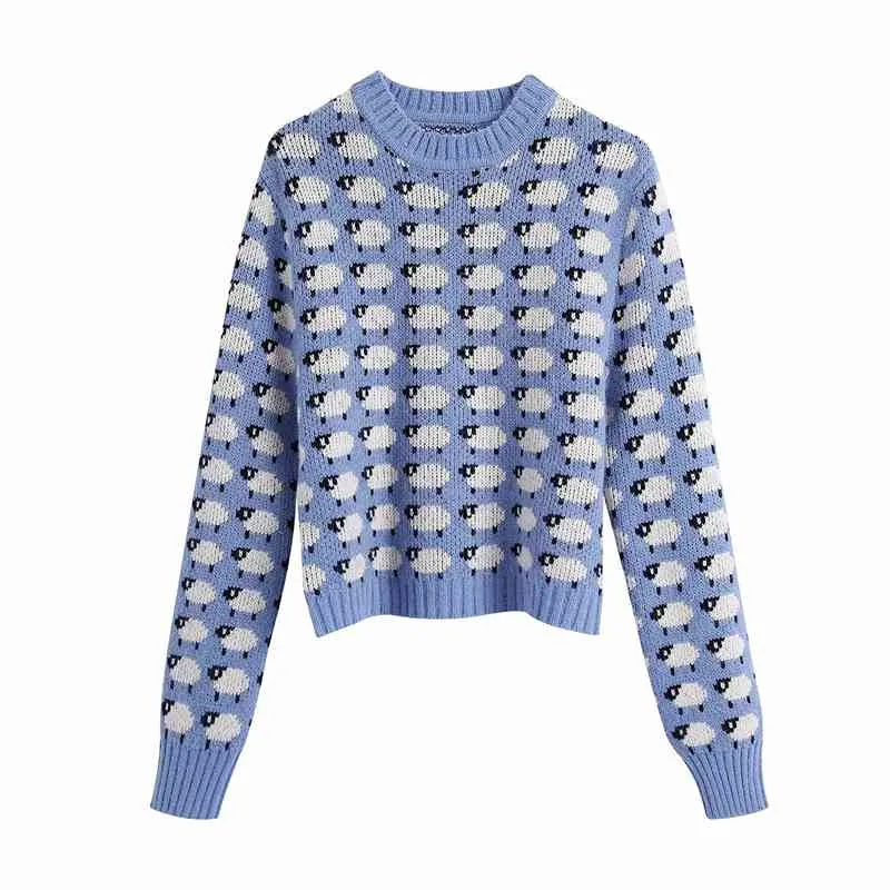 Süße Frauen Cartoon Schafe Druck Pullover Mode Damen Chic Oansatz gestrickte Tops Streetwear Weibliche Nette Blaue Pullover 210427