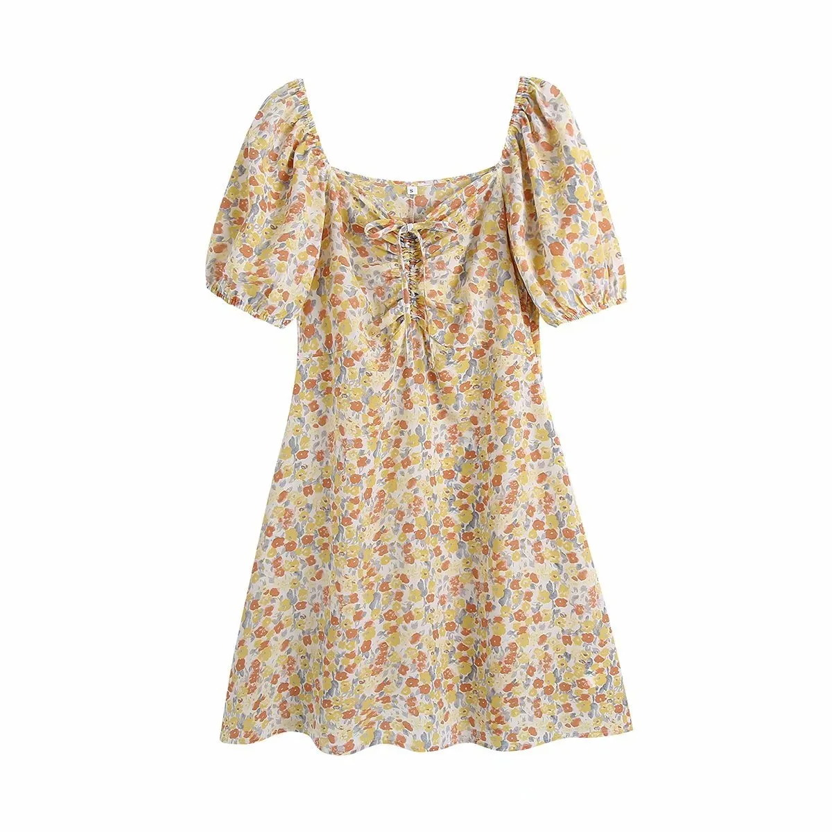 Vintage Square Neck Short Sleeve Women Floral Dress Fashion Waist Puff Sleeve Chic Female Mini Dresses 210507
