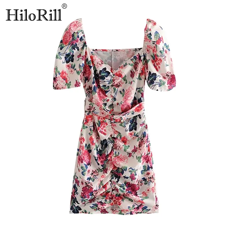 Women Floral Print Mini Dress Sexy Bodycon Beach With Belt Puff Short Sleeve Chic Summer Vestido De Festa 210508