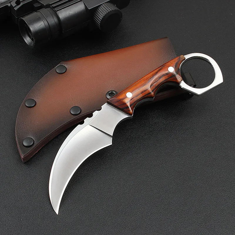 Vente Flash Couteau Karambit D2 lame en acier, manche en bois de rose, lame fixe, couteaux à griffes tactiques avec gaine en cuir