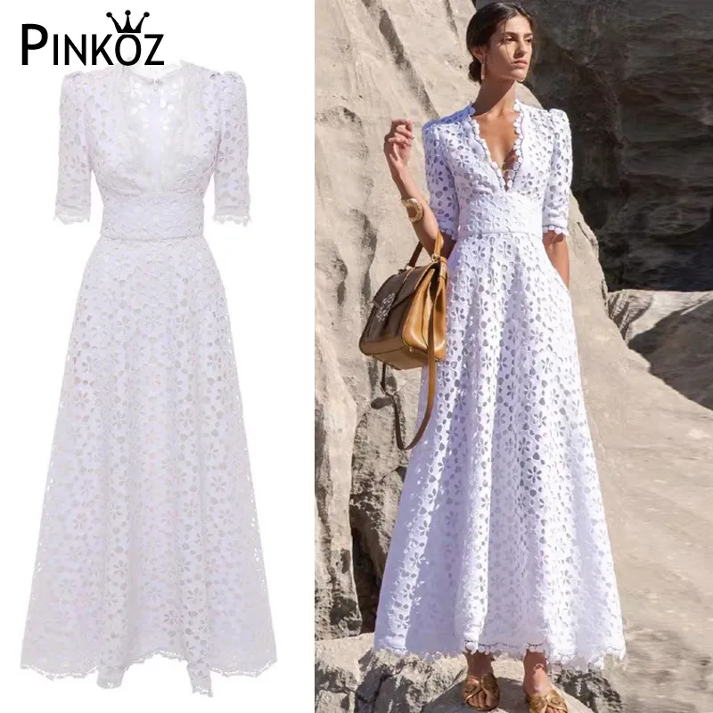 Elegant White Maxi Dress For Women V Neck Half Sleeve High Quality Hollow Out Slim Dresses Style Fashion CHIC 210421