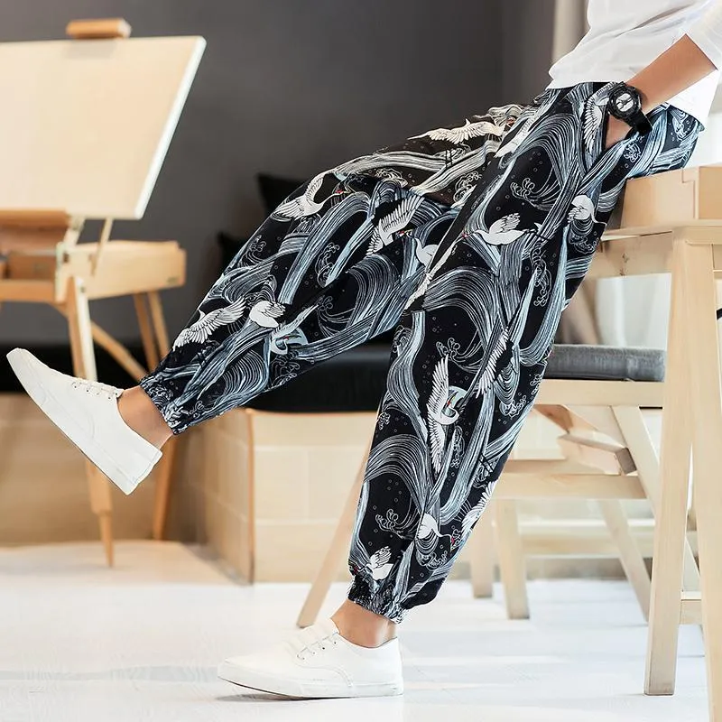 Hommes sarouel grande taille 5XL mode bas décontracté japonais vêtements concepteur hommes urbain Streetwear chinois oiseau imprimer pantalon226d
