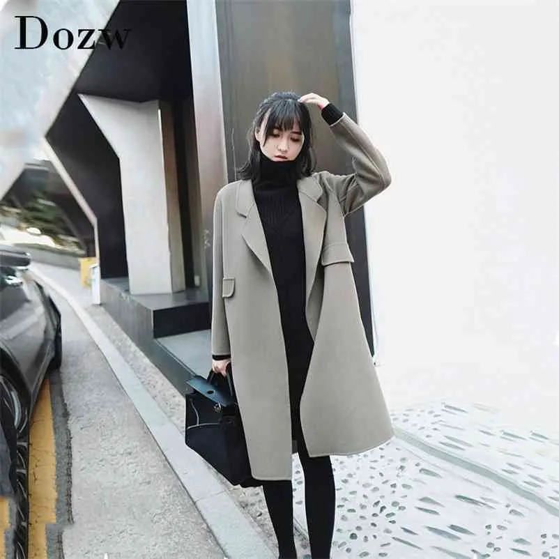 Women Autumn Winter Chic Lady Woolen Coat Female Mid-Long Elegant Korean Style Slim Outerwear s Abrigo Mujer 210515