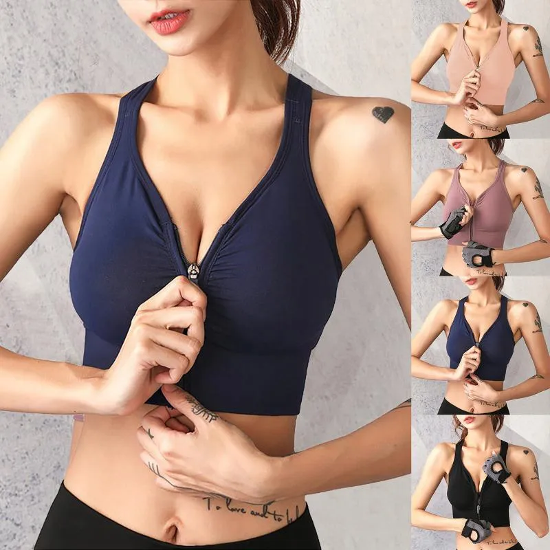 Womens Rimless Sport Bra Sexy Zipper Sports Bra Tank For Yoga, Gym