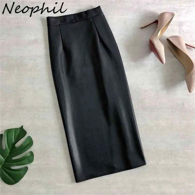 Neophil 74cm Women's Winter Pu Leather Midi Skirts Pencil Bodycon Elegant Office Ladies High Waist Faux Stretch Sexy Skirt S9902 210619