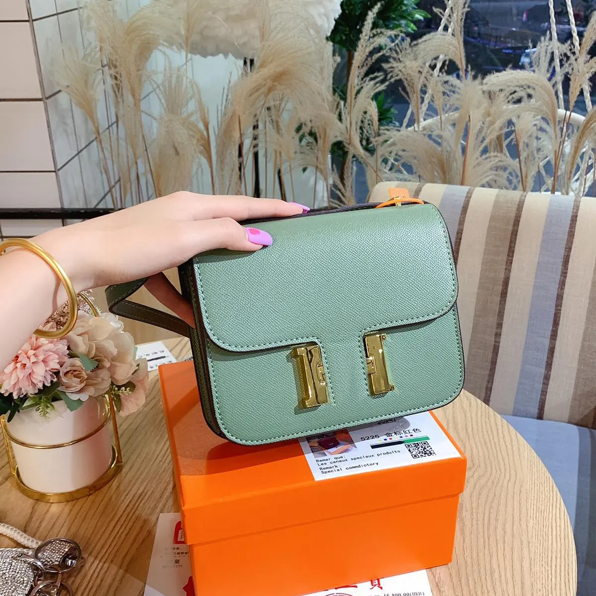 Womens Slim Cowhide Leather Messenger Bag With Gold Buckle, Minimalist