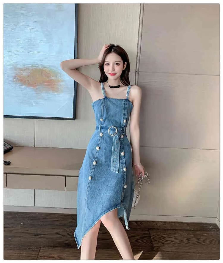 Sexy Women Spaghetti Strap Denim Dress Vestidos Pearl Double Breasted Fashion Slim Chic irregular Dresses Female 210519