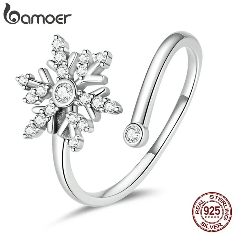 White Crystal 925 Sterling Silver Snowflake Open Ring for Women Winter Christmas Gift Engagement Jewelry Adjustable 211217