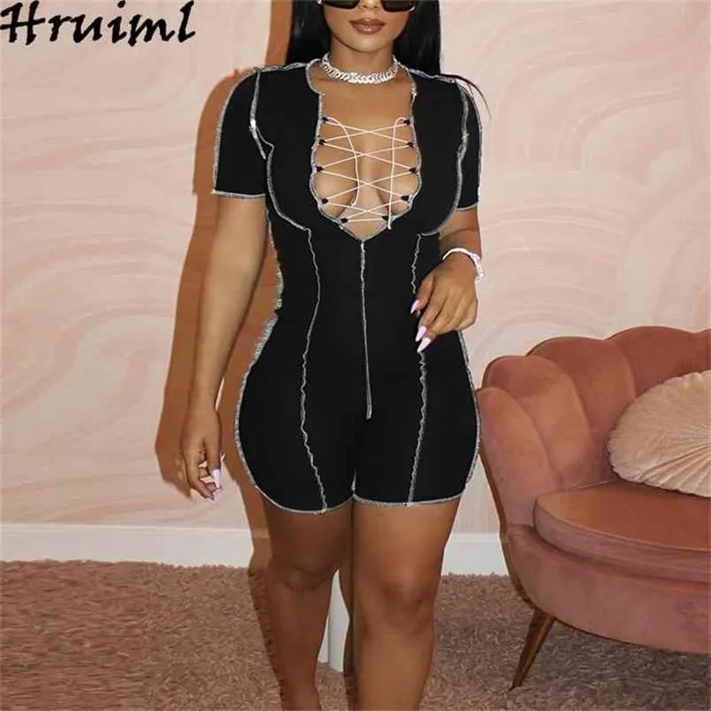 Romper Kvinnor Kortärmad Svart V Neck Criss-Cross Lacing Up High Waist Summer Playsuit Party Streetwear Jumpsuits för 210513