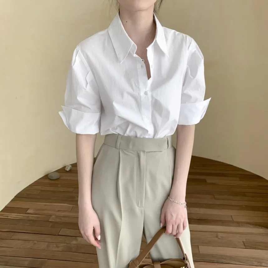 Camicia Estiva Da Donna A Maniche Corte Camicetta Bianca Blu Moda