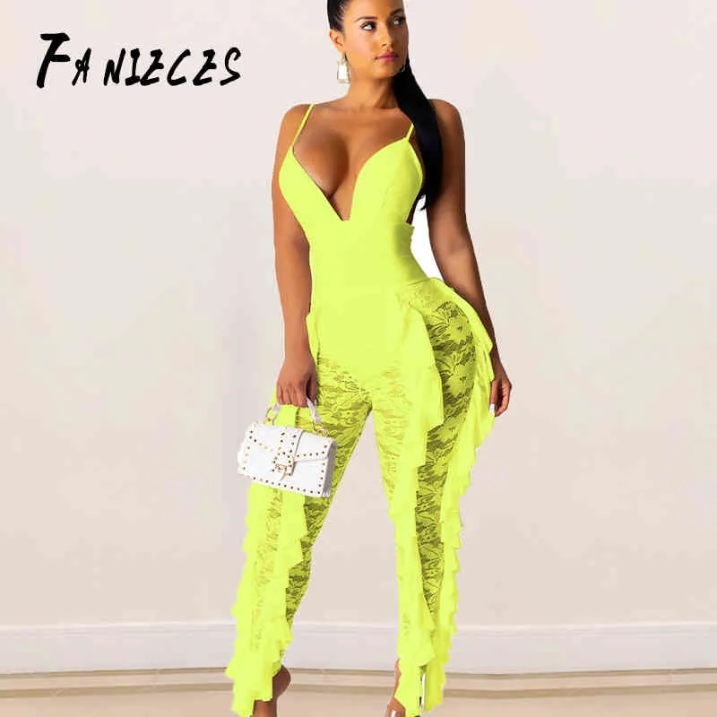 Sexy Night Party Club Lace Sheer Mesh Jumpsuit Women Casual Hollow Out Sleeveless Bodycon Rompers Female Overalls drop 210520