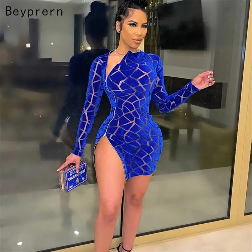 Beyprern Chic Zipped Mini Dress(Royal Blue) Womens Long Sleeve Side Slit Skinny Velvet Short Party Dress Birthday Outfits 211023