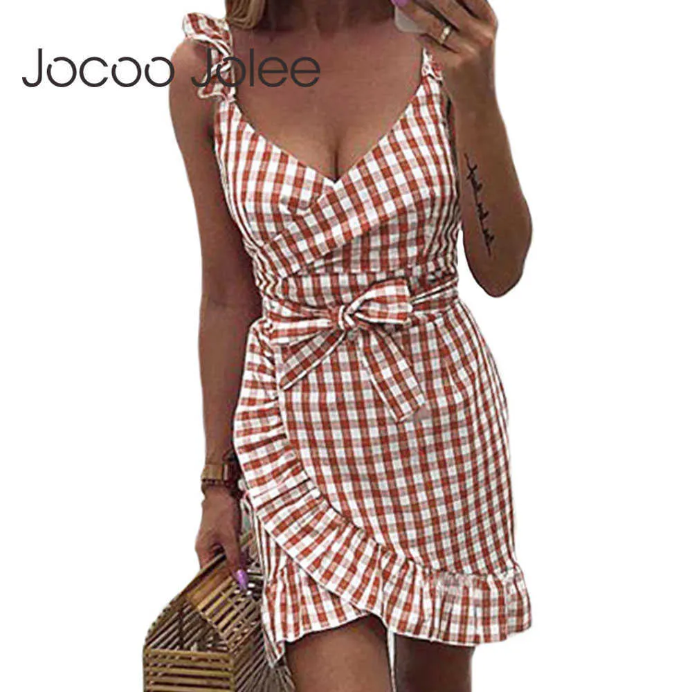 Jocoo Jolee Women Sexy Strap Sleeveless V Neck Ruffles Sashes Mini Dress Elegant Bodycon Dress Summer Beach Party Dress 210619