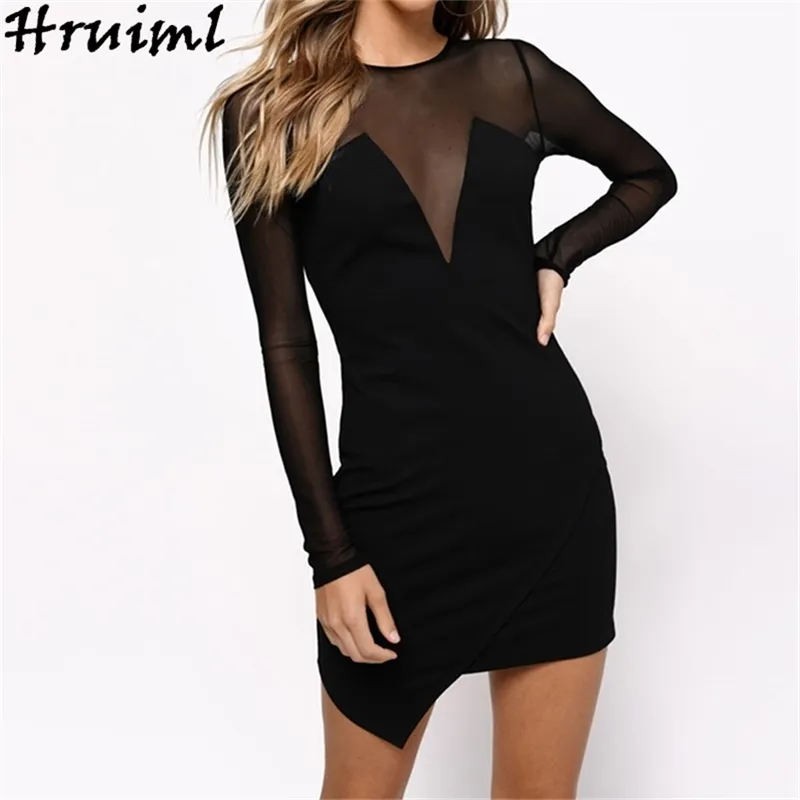 Sexy jurk Dames Plus Size Mesh See Through Long Sleeve O Hals Mini Herfst Zwart Onregelmatige Club Party Bodycon 5XL 210513