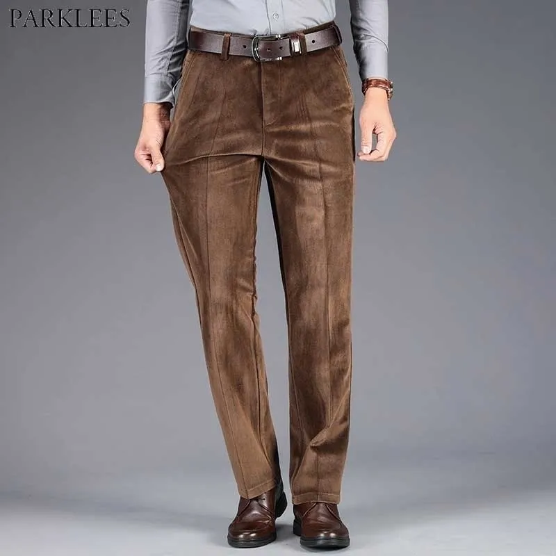 Mens Velvet Corduroy Straight Dress Pants Classic Brown Stretch Comfortable Suit Pants Men Classic Fit Plain Front Pant Male 210522