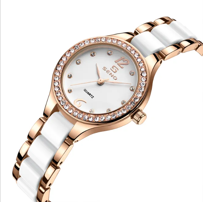 Crystal Diamond Ceramic Bezel Quartz Watch Watch Wygodne zespoły Hardlex Ladies Watches